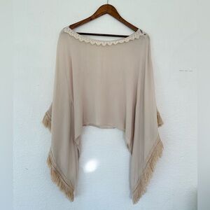 Chelsea & Violet Cream Poncho Top with Lace and Fringe
